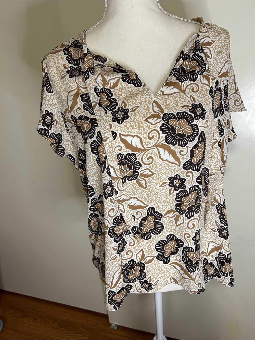 LOFT Floral V-Neck Blouse in Beige, Black, and Cream